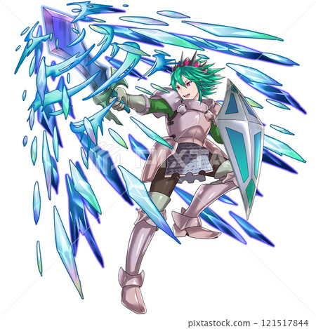 Male hero in action pose brandishing a sword, green hair, with ice effect Male hero in action pose brandishing a sword, green hair, with ice effect 121517844