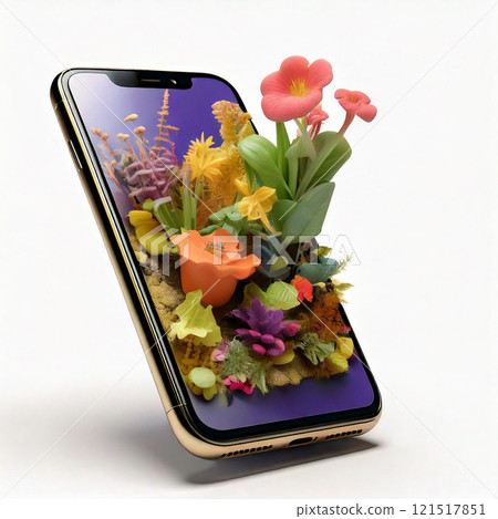 3D illustration: Gardening popping out of your smartphone 3D illustration: Gardening popping out of your smartphone 121517851