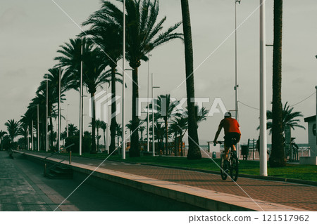 Man cyclist riding a bike riding on a bicycle lane on a promenade at tropical resort under green palms. Palm trees on embankment. Sport, workout. 121517962