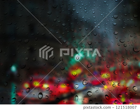 Large raindrops on a wet window in dark key. Red and yellow headlights of cars behind the glass in the evening traffic. Urban city street at night. 121518007