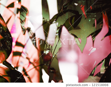 Abstract background with green and pink tropical palm leaves and other exotic plants and flowers. Lomography effect. Jungle, rainforest wilderness. 121518008