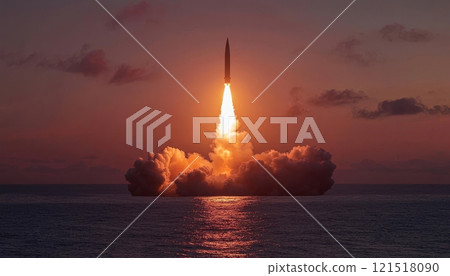 An Inspiring and Captivating Rocket Launch at Sunset Against the Beautiful Ocean Horizon An Inspiring and Captivating Rocket Launch at Sunset Against the Beautiful Ocean Horizon 121518090