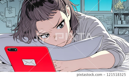 A young woman looks upset after receiving a nasty email while trying to go to sleep A young woman looks upset after receiving a nasty email while trying to go to sleep 121518325