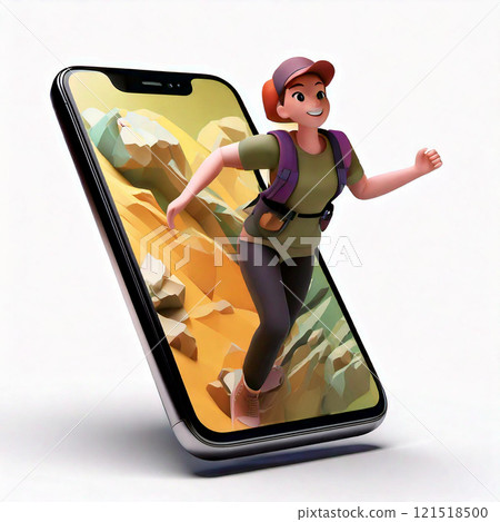 3D 插圖：登山者從智慧型手機跳出 121518500