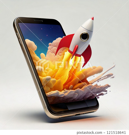 3D illustration: A rocket flying out of a smartphone 121518641