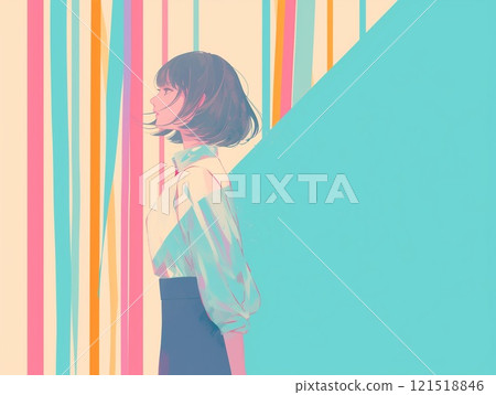 Profile illustration of a woman standing against a colorful line and abstract background 121518846