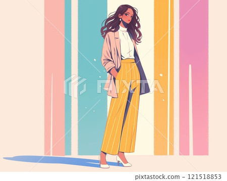 身穿黃色條紋褲子和優雅外套的女人的彩色肖像 身穿黃色條紋褲子和優雅外套的女人的彩色肖像 121518853