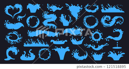 Blue liquid water splash silhouettes. Cartoon water flows, drops and waves, liquid water splashes flat vector illustration set. Water splash silhouettes 121518895