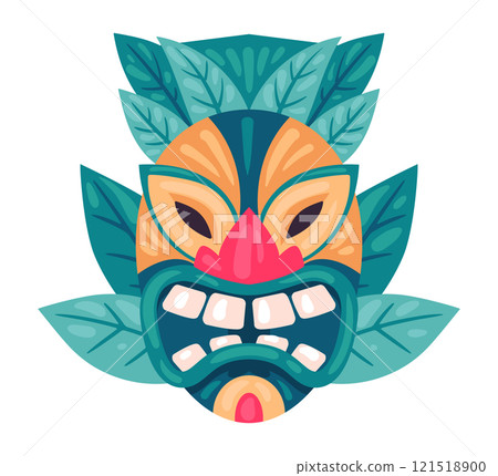 Cartoon wooden tiki mask. Ritual totem african or hawaiian mask, ethnic tribal ritual idol flat vector illustration. Ceremonial mask on white Cartoon wooden tiki mask. Ritual totem african or hawaiian mask, ethnic tribal ritual idol flat vector illustration. Ceremonial mask on white 121518900