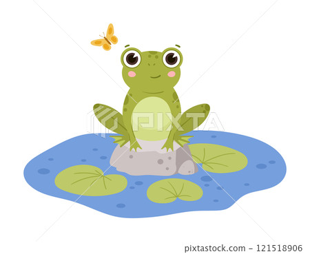 Frog sitting in pond. Cartoon amphibia on rock, green toad in natural habitat, cute froggy water animal flat vector illustration. Green frog character 121518906