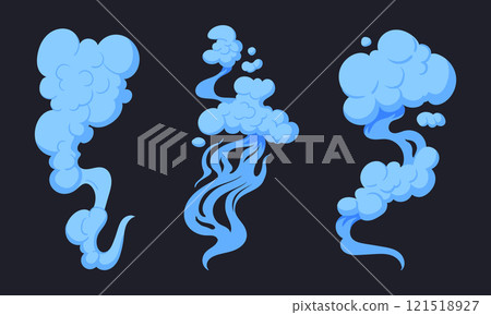 Stream clouds. Comic book blue puff clouds, smoke streaming cloud, dust smoke flat vector illustration set. Cartoon dust clouds 121518927