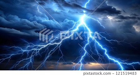 Stunning Electric Lightning Storm in Dark Starry Sky 121519483