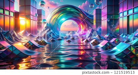 Surreal 3D Abstract of Fluid Glass and Transparent Plastic in Motion 121519513