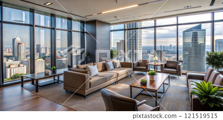 Contemporary penthouse interior overlooking metropolis 121519515