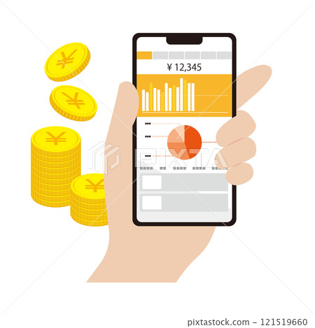 Illustration of a person's hand managing assets using a smartphone 121519660