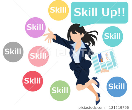 Illustration of a businesswoman thinking about improving her skills Illustration of a businesswoman thinking about improving her skills 121519796
