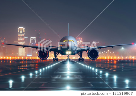 Passenger airplane illuminated on airport runway at night with urban skyline in background 121519967