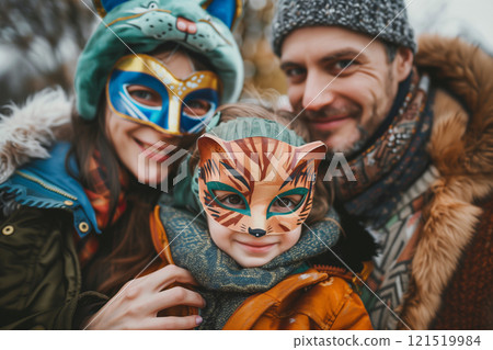 Family winter portrait featuring child in cat carnival mask with parents 121519984