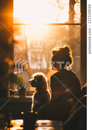 A heartwarming scene of a woman and her dog enjoying golden sunlight filtering through a window 121520056