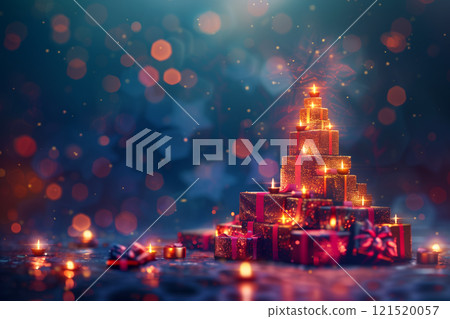 A stack of glowing christmas gifts shaped like a festive tree greeting card 121520057