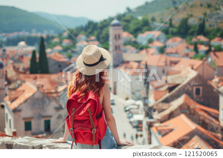 Young female traveler in red backpack enjoying scenic view from tower in old town 121520065