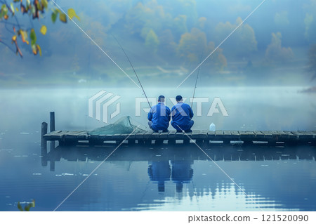 Two friends fishing together at sunrise on a serene lake pier with rod and net 121520090