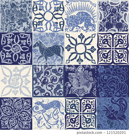 Seamless pattern in the form of tiles with different images. Ethnic elements of Old Ottoman in blue tones. Seamless pattern in the form of tiles with different images. Ethnic elements of Old Ottoman in blue tones. 121520201