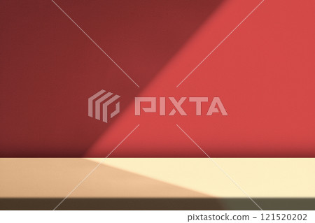 Concrete Table with Light Beam and Shadow on Red Wall Background Concrete Table with Light Beam and Shadow on Red Wall Background 121520202