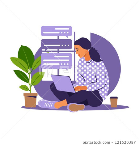 Girl with laptop on the armchair. Working on a computer. Freelance, online education or social media concept. Working from home, remote job. Flat style. Vector illustration. Blue interior. Girl with laptop on the armchair. Working on a computer. Freelance, online education or social media concept. Working from home, remote job. Flat style. Vector illustration. Blue interior. 121520387
