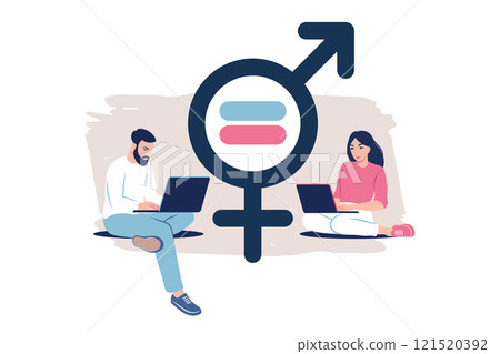 Gender equality concept. Men and women character on the scales for gender equality. Vector illustration. Flat. Gender equality concept. Men and women character on the scales for gender equality. Vector illustration. Flat. 121520392