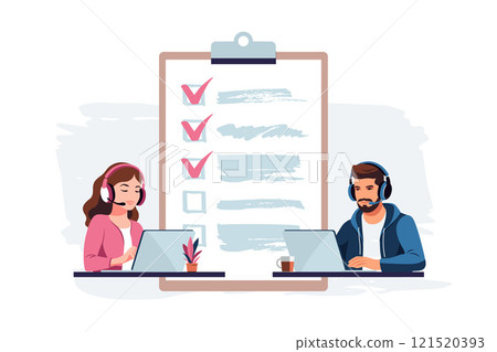 Survey concept. Feedback from customers or opinion form. Client answers understanding with professional research team. Characters filling survey form. Survey concept. Feedback from customers or opinion form. Client answers understanding with professional research team. Characters filling survey form. 121520393