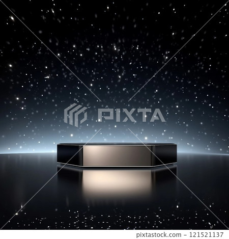 A square template with a single octagonal silver display stand and starry lights on a dark background. AI generated image 121521137