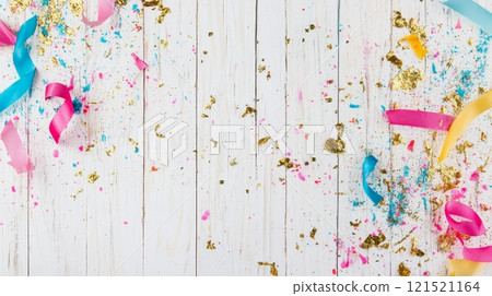 Colorful party celebration background with confetti and ribbons on white wooden surface 121521164