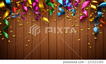 Colorful party streamers and confetti on wooden background celebrating festive occasions 121521165