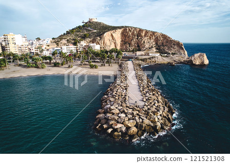 Drone point of view to Aguilas town, located in province of Murcia. Spain 121521308