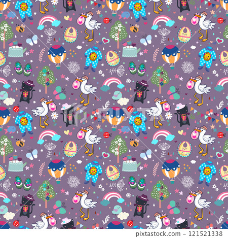 Baby illustration, colorful seamless pattern, baby clothes, rainbow, birds, animals, illustration, vector 121521338