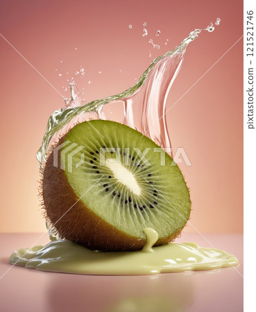 A succulent kiwi slice nosedives into a surge of flowing cream, the liquid wrapping around the fruit in a luscious cascade. A succulent kiwi slice nosedives into a surge of flowing cream, the liquid wrapping around the fruit in a luscious cascade. 121521746