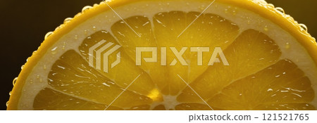 Sliced lemon with water drops in backlight of sun. 121521765
