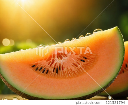 Cut melon, fruit, macro, portrait. Fresh melon with water drops. 121521794
