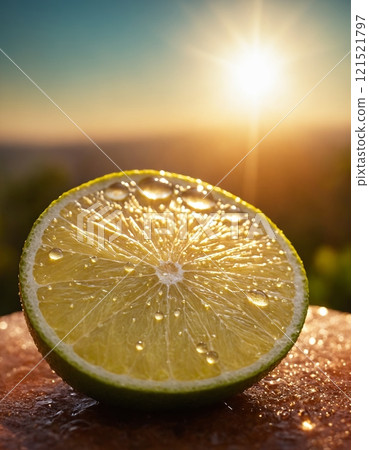 Cut lime, fruit, macro, portrait. Fresh lime with water drops. 121521797