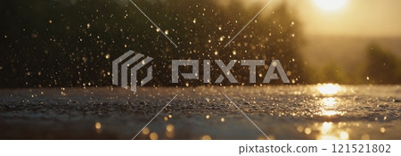 Concept of rain, sun and water. Drops of water shimmer in the backlight. Bright orange background. Concept of rain, sun and water. Drops of water shimmer in the backlight. Bright orange background. 121521802
