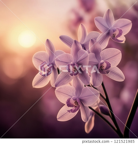 Orchid flower. purple orchid macro on a purple background with golden bokeh. Orchid flower. purple orchid macro on a purple background with golden bokeh. 121521985