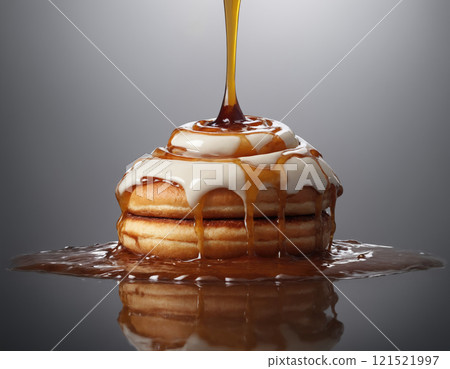Cinnamon roll, dripping in juice, jelly. AI generated image.Delicious freshly baked cinnamon rolls. 121521997