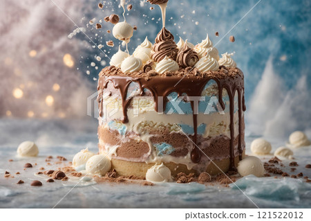 Chocolate cream cake. Birthday or celebration cake. Cake with cocoa and chocolate cream on a holiday background. 121522012