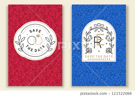 Wedding invitation card, flyer, poster, banner. Vector Thin line geometric badge. Design templates and elements for save the date invitation card design with wedding rings and leaf, flowers decor Wedding invitation card, flyer, poster, banner. Vector Thin line geometric badge. Design templates and elements for save the date invitation card design with wedding rings and leaf, flowers decor 121522066