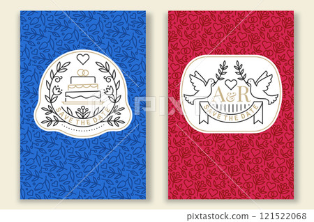 Wedding invitation card, flyer, poster, banner. Vector. Thin line geometric badge. Design templates and elements for save the date invitation card design with wedding cake, bird and leaf 121522068