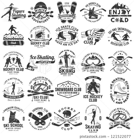 Ski, Ice Skate, Hockey and Snowboard Club emblem. Vector. Concept for shirt, print, stamp, badge. Vintage typography design with snowboarder, skate, skates blades and skier silhouette. Winter sport Ski, Ice Skate, Hockey and Snowboard Club emblem. Vector. Concept for shirt, print, stamp, badge. Vintage typography design with snowboarder, skate, skates blades and skier silhouette. Winter sport 121522077