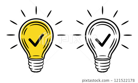 Light bulb with checkmark, creative idea, success solution check mark, quick tips line icon. Electric lightbulb, approved tick. Good choice confirmation. Important fact, innovation information vector Light bulb with checkmark, creative idea, success solution check mark, quick tips line icon. Electric lightbulb, approved tick. Good choice confirmation. Important fact, innovation information vector 121522178