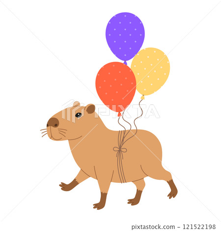 Funny festive capybara walks with bunch of balloons. Cute capibara for holiday greeting card, invitation, banner. Birthday character. Vector flat illustration isolated on white background Funny festive capybara walks with bunch of balloons. Cute capibara for holiday greeting card, invitation, banner. Birthday character. Vector flat illustration isolated on white background 121522198