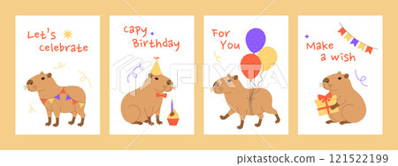 Happy Birthday vertical greeting cards set with capybaras, garlands, party hat, cupcake, balloons and gift. Capy birthday. Holiday banner, invitation templates on white. Vector flat illustration 121522199